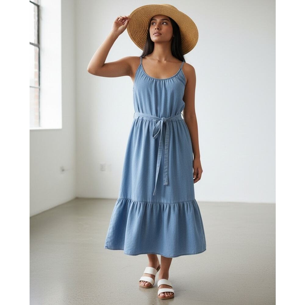 LOFT Chambray Belted Midi Swing Dress Tiered Blue Petite M